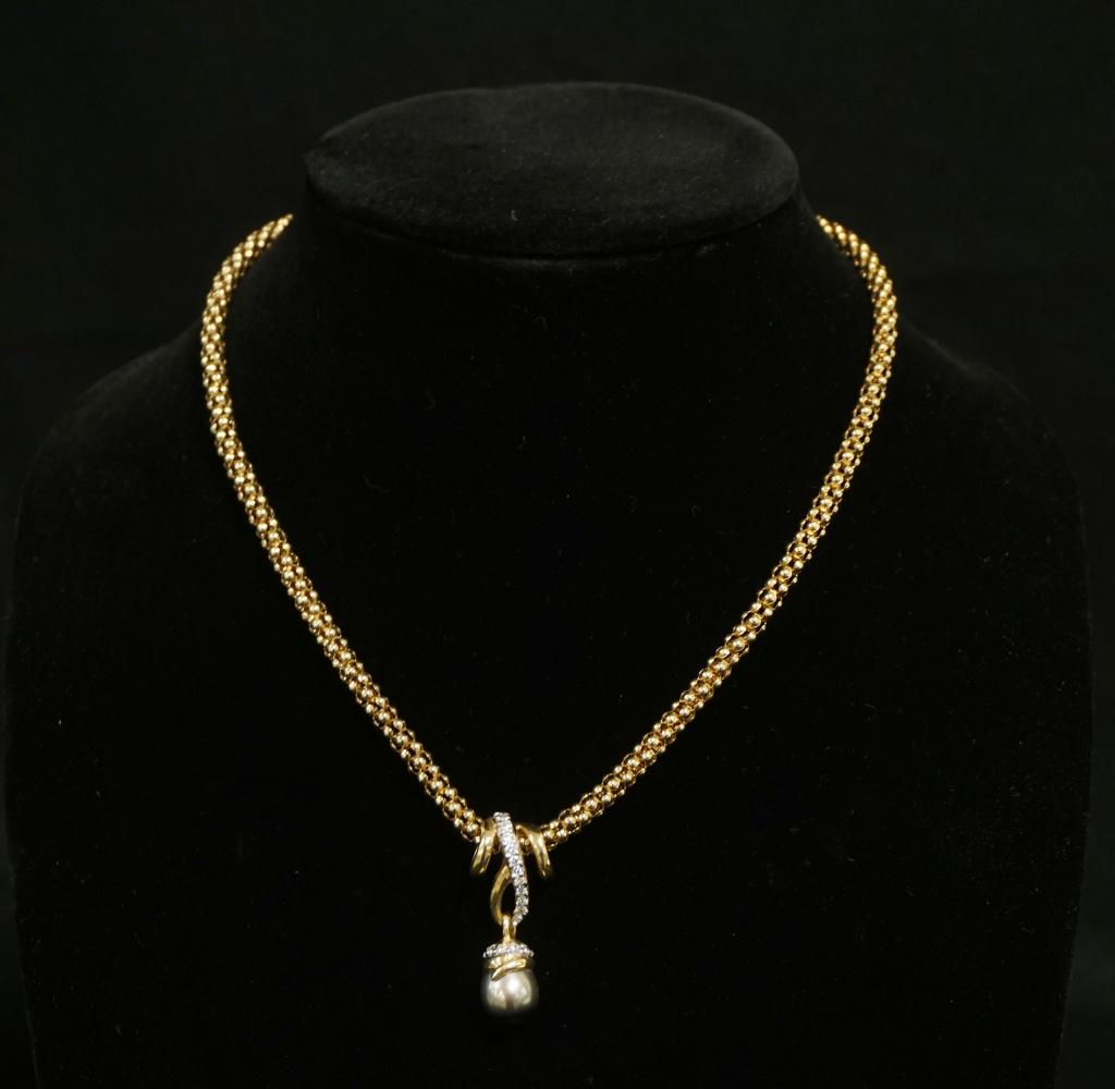 14K GOLD NECKLACE: 14K YELLOW GOLD POPCORN LINK NECKLACE W/ 14K GOLD SLIDE SLIDE CONTAINS ONE CULTURED TAHITIAN PEARL & APP. 0.36 CARATS OF DIAMONDS. OVERALL WEIGHT 13.80 DWT, APPROXIMATELY 18 IN LONG