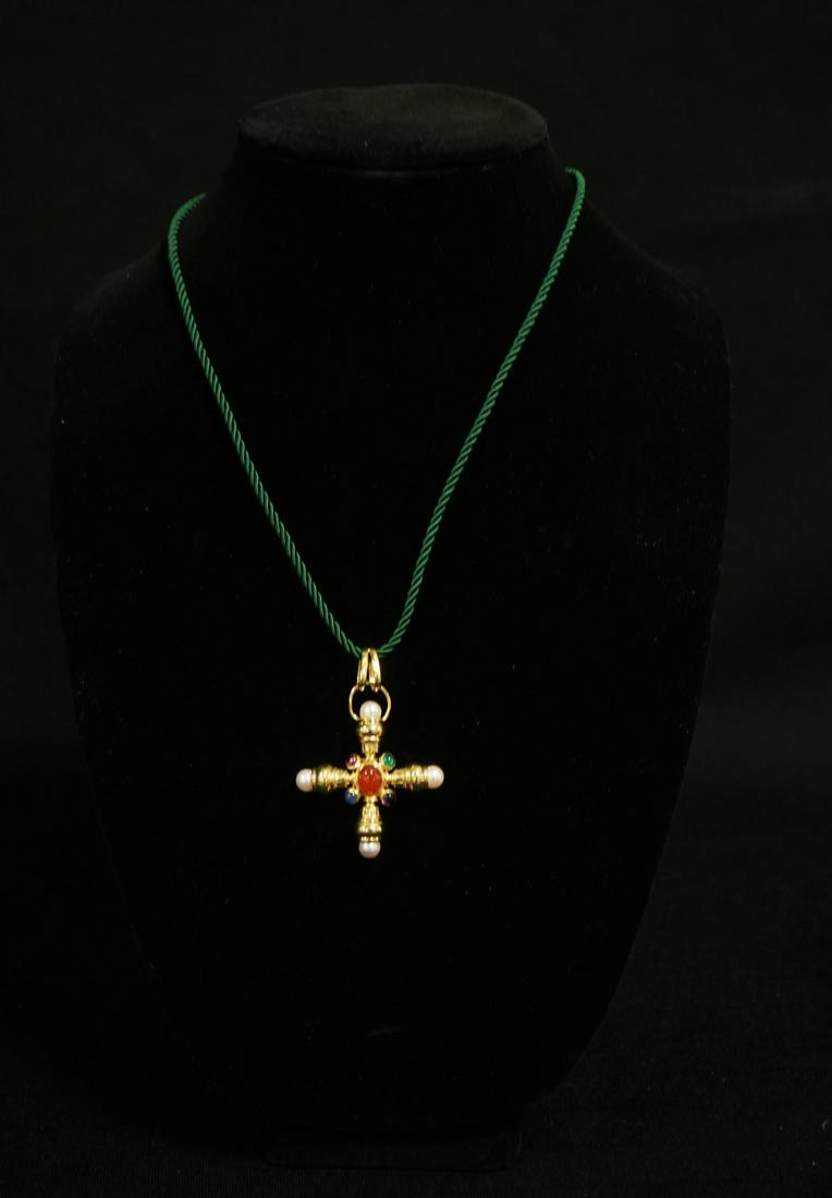 14 KT YELLOW GOLD CROSS: 14 KT YELLOW GOLD CROSS, 9.55 DWTS OVERALL & CONTAINING 4 CULTURED AKOYA PEARLS & 5 CABOCHON CUT MULTI COLORED STONES, CROSS IS ON GREEN SATIN CORD, PENDANT IS APPROXIMATELY 2 IN X 2 IN