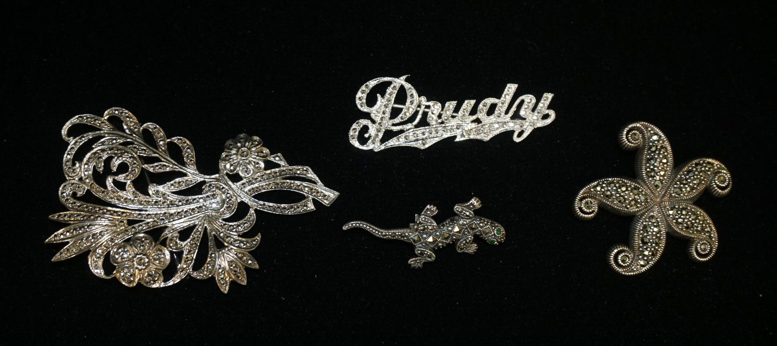 4 STERLING & MARCASITE BROOCHES/PINS: 4 STERLING & MARCASITE BROOCHES/PINS, 1.206 OZT OVERALL