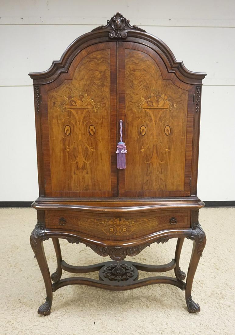 OUTSTANDING ROSEWOOD DOUBLE DOOR CABINET: OUTSTANDING ROSEWOOD DOUBLE DOOR CABINET, ARCHED TOP W/URN & FLOWER INLAY HAVING ONE DRAWER & CARVED CABRIOLE LEGS, APPROXIMATELY 44 IN X 19 IN X 77 IN HIGH