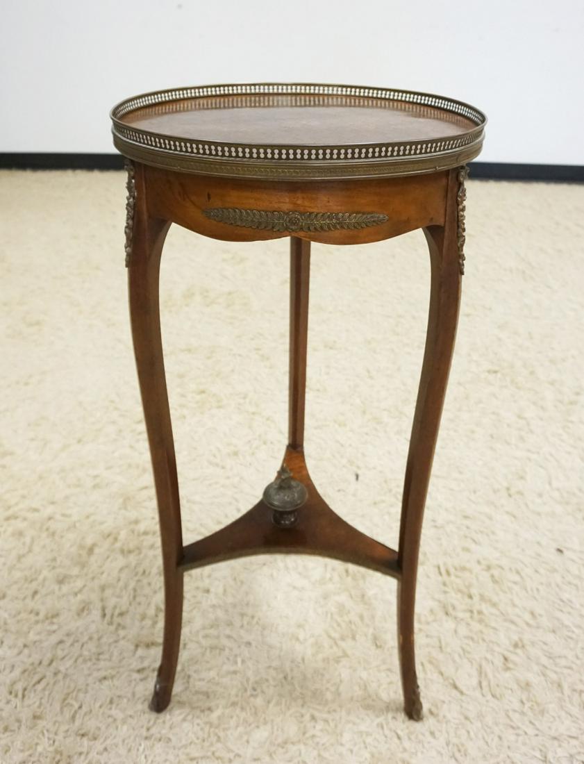 FRENCH STAND W/METAL MOUNTS: FRENCH STAND W/METAL MOUNTS & URN FINIAL, TOP HAVING A PARQUETRY INLAY W/BANDED EDGE, APPROXIMATELY 16 IN X 33 IN HIGH