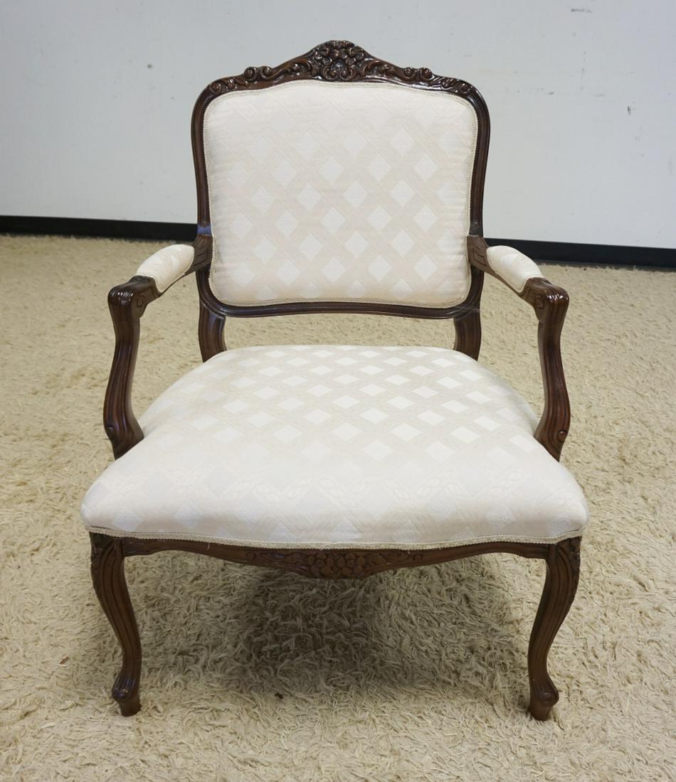 CARVED MAHOGANY FRENCH PROVINCIAL ARMCHAIR: CARVED MAHOGANY FRENCH PROVINCIAL ARMCHAIR, UPHOLSTERED
