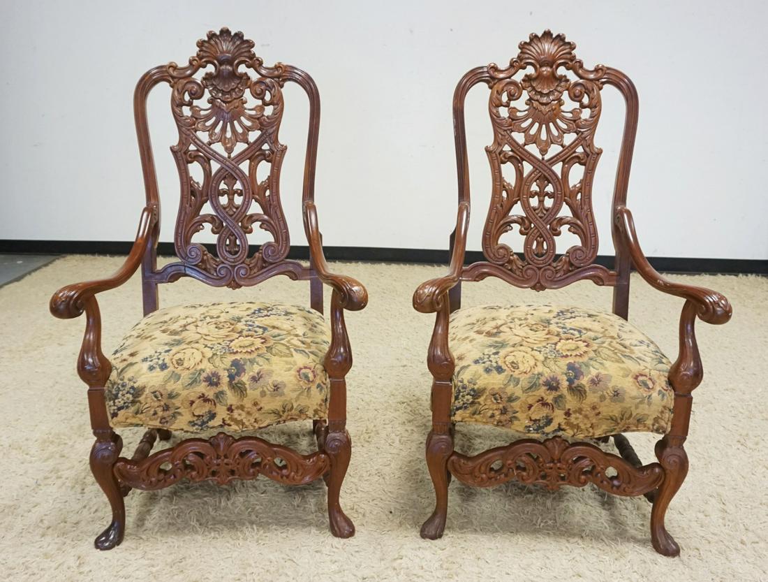 PAIR OF HEAVILY CARVED MAHOGANY ARMCHAIRS: PAIR OF HEAVILY CARVED MAHOGANY ARMCHAIRS W/UPHOLSTERED SEATS