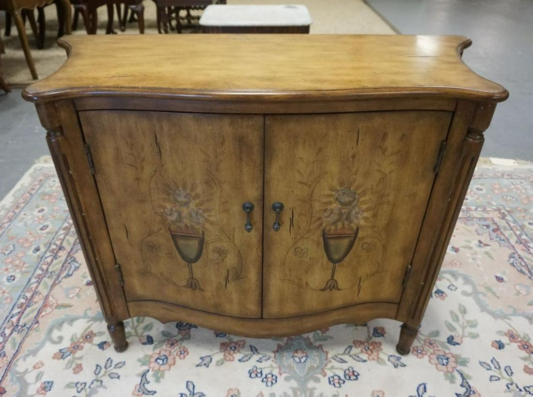 DOUBLE DOOR CABINET: DOUBLE DOOR CABINET W/FAUX FINISH & DECORATION, APPROXIMATELY 39 IN X 15 IN X 30 IN HIGH