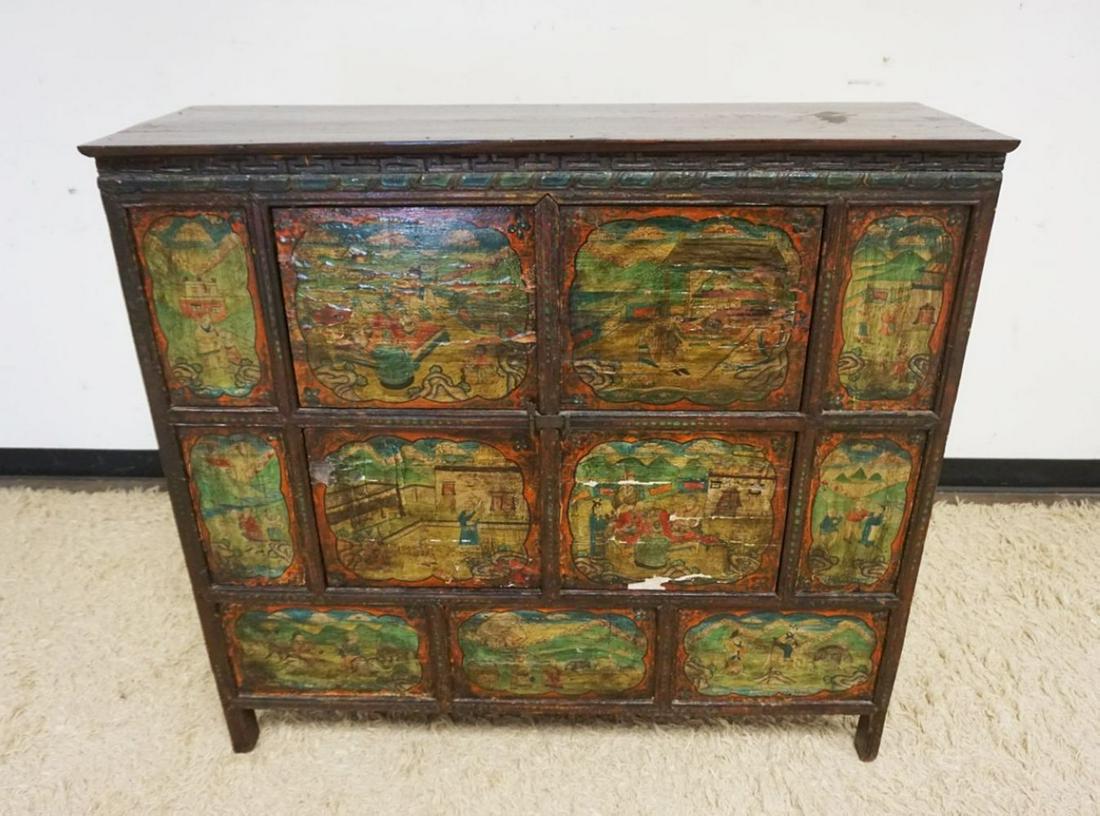 ANTIQUE PANELED 4 DOOR DECORATED CHEST: ANTIQUE PANELED 4 DOOR DECORATED CHEST, SOME LOSS TO DECORATION, APPROXIMATELY 15 IN X 47 IN X 44 IN HIGH