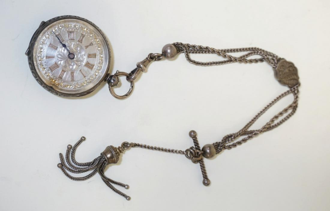 ANTIQUE SWISS 935 SILVER FAST FLOW POCKET WATCH: ANTIQUE SWISS 935 SILVER FAST FLOW POCKET WATCH, THE WATCH CHAIN IS MARKED SOLID SILVER ON THE CLASP