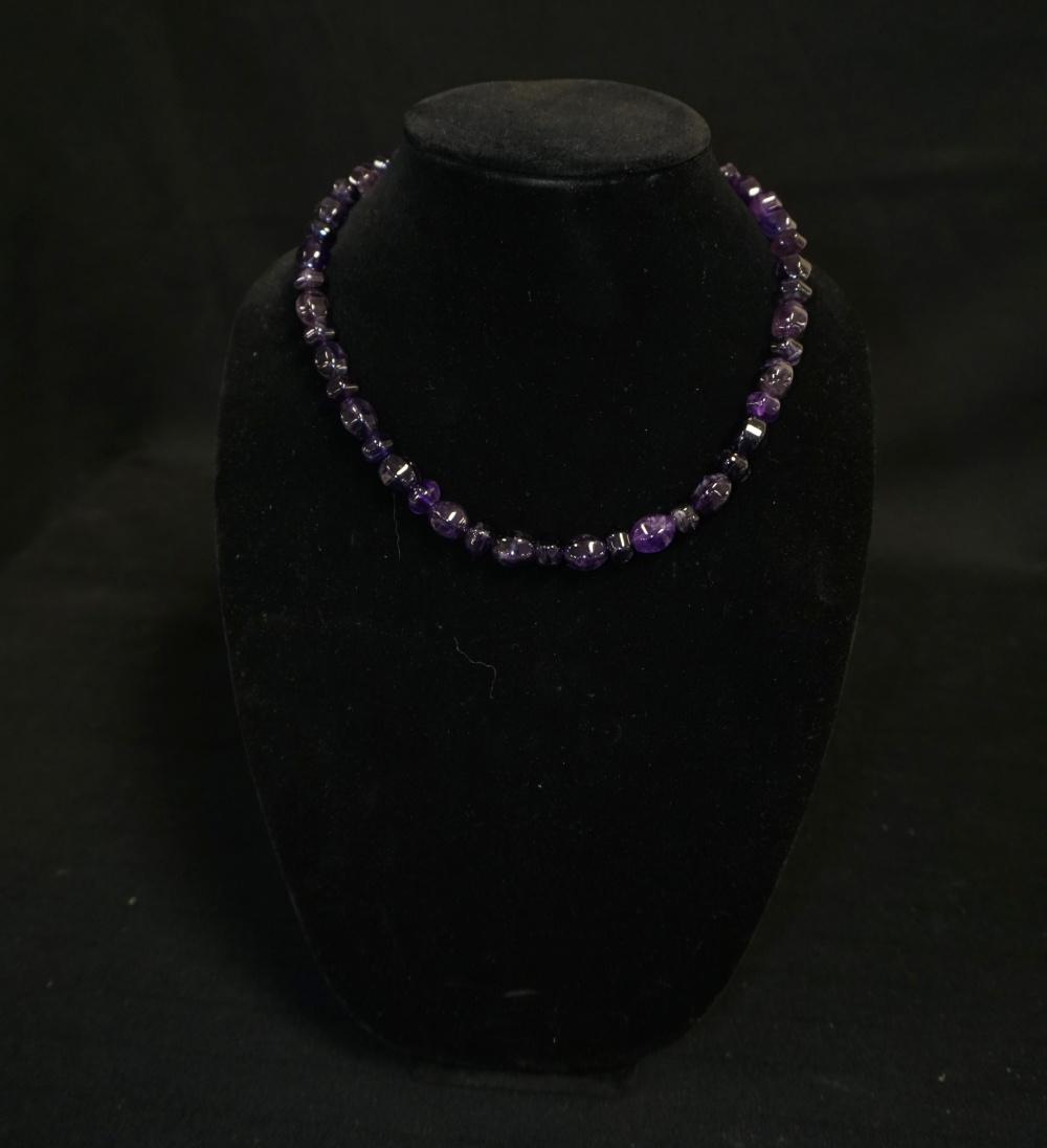 JAY KING AMETHYST BEADED NECKLACE: JAY KING AMETHYST BEADED NECKLACE W/ STERLING SILVER CHAIN & CLASP. APP. 20 IN L INCUDING THE CHAIN