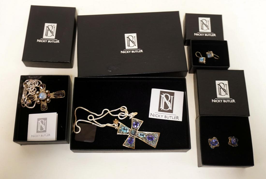 NICKY BUTLER STERLING JEWELRY LOT: NICKY BUTLER STERLING JEWELRY LOT. LOT INCLUDES TWO NECKLACES W/ CROSS PENDANTS (CHAINS APP. 18 IN L) & TWO PAIRS OF EARRINGS