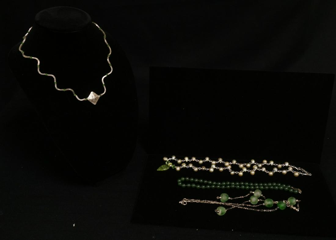 FOUR GREEN BEADED NECKLACES (1 of 5)
