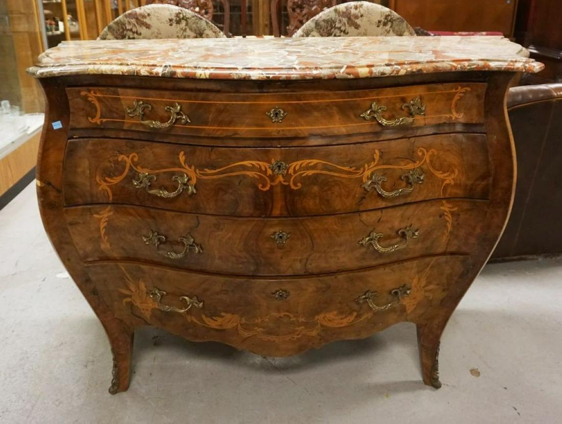 FRENCH PROVINCIAL INLAID BOMBE MARLE TOP CHEST (1 of 6)