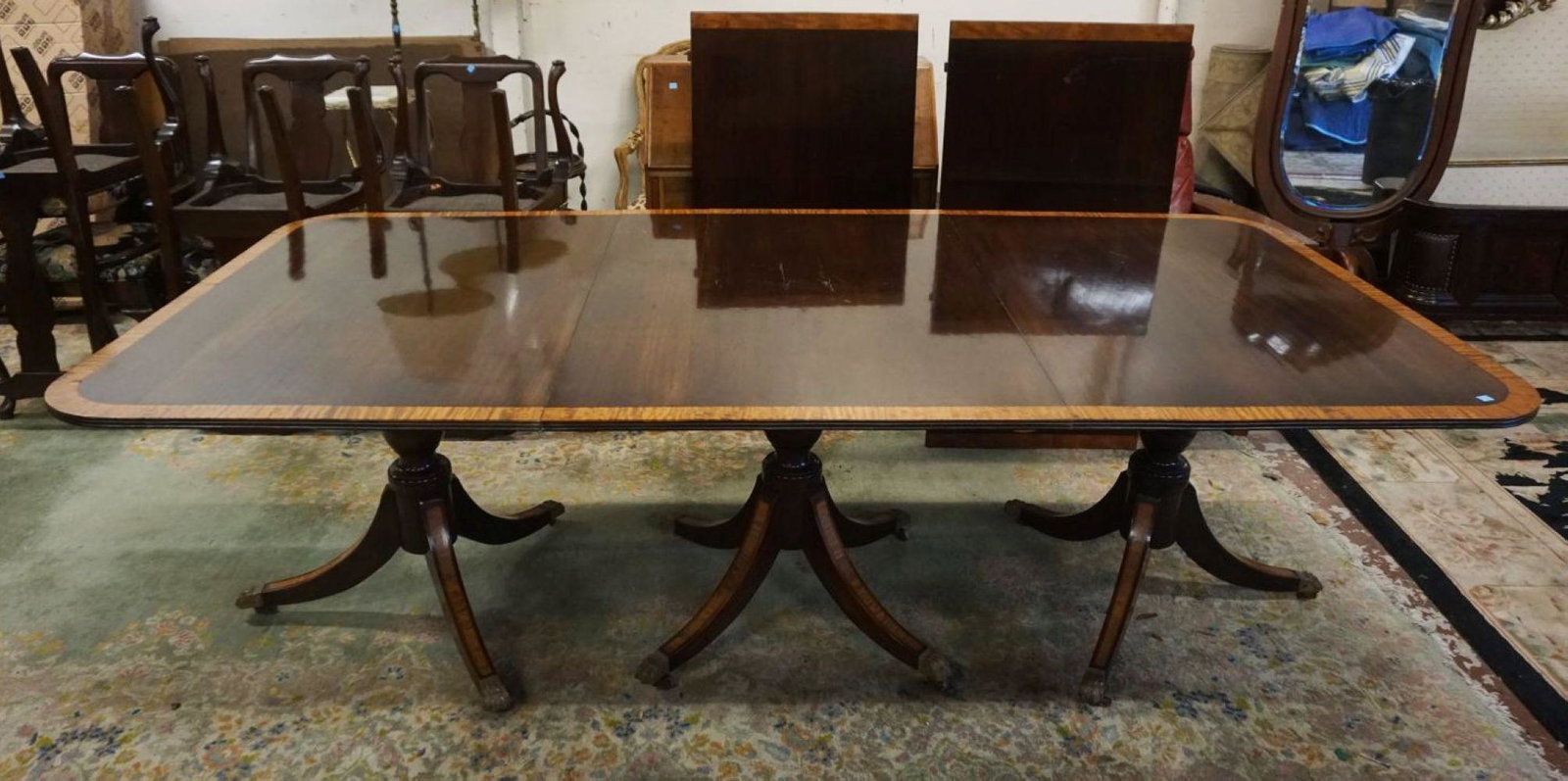 ANTIQUE 3 PART MAHOGANY BANDED TABLE: ANTIQUE 3 PART MAHOGANY BANDED TABLE WITH 2 LEAVES, APPROXIMATELY 93 IN X 46 IN X 29 1/2 IN H, LOSS TO BASE. LEAVES APPROXIMATELY 31 IN