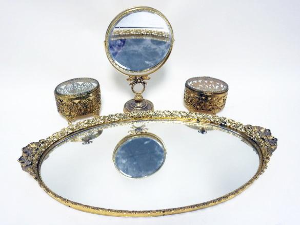 LOT OF ASSORTED ORNATE GILT METAL DRESSER ITEMS (1 of 2)