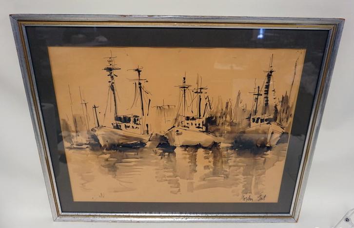 MOSHE GAT SIGNED INK ON PAPER: MOSHE GAT SIGNED INK ON PAPER, BOATS IN HARBOR, APPROXIMATELY 24 IN X 30 IN OVERALL