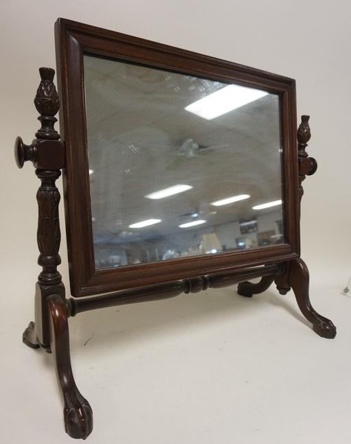 WALNUT CARVED BALL & CLAW FOOT DRESSERR TOP MIRROR: WALNUT CARVED BALL AND CLAW FOOT DRESSER TOP MIRROR, APPROXIMATELY 21 IN X 19 IN H