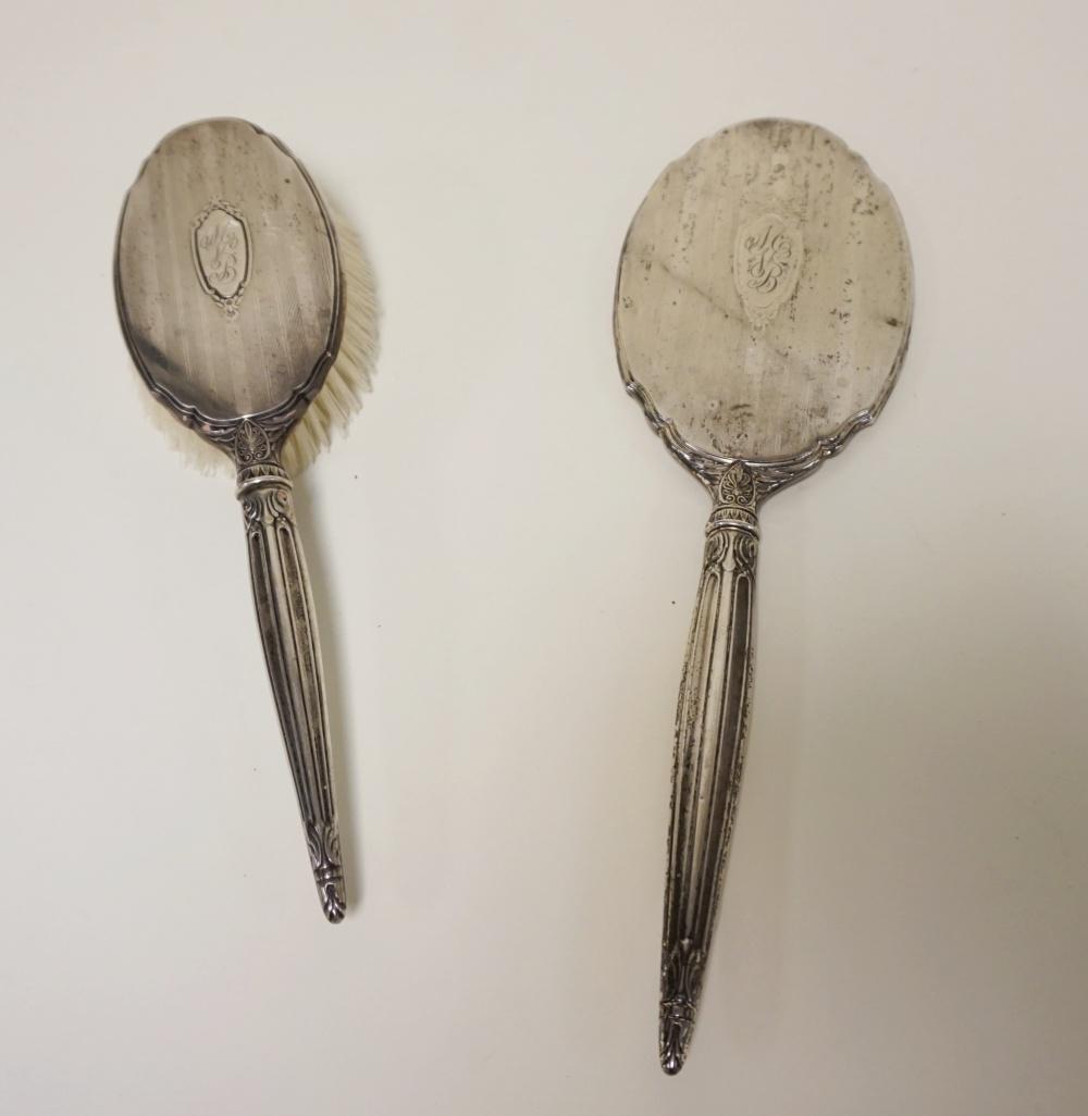 STERLING LADY'S MIRROR & BRUSH SET: STERLING LADY'S MIRROR & BRUSH SET, LARGEST APPROXIMATELY 13 IN