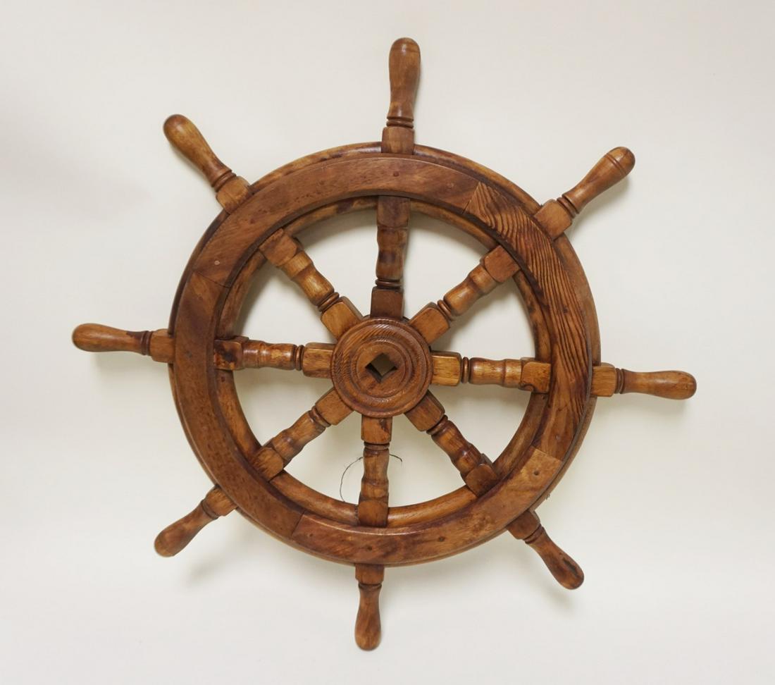 WOOD ORNAMENTAL SHIPS CAPTAINS WHEEL: WOOD ORNAMENTAL SHIPS CAPTAINS WHEEL, APPROXIMATELY 26 IN