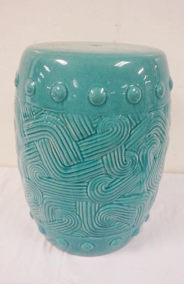 ASIAN STYLE TURQUOISE POTTERY BENCH: POTTERY ASIAN STYLE TURQUOISE GARDEN BENCH, APPROXIMATELY 13 IN X 19 IN H