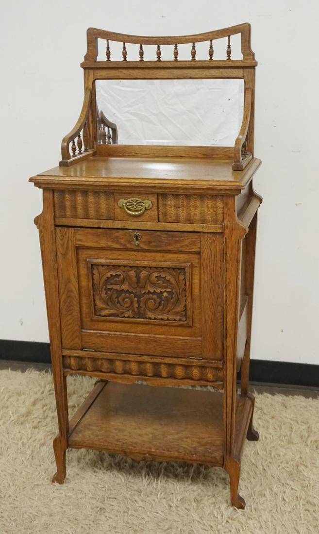 ANTIQUE OAK CARVED MIRRORED STAND (1 of 2)