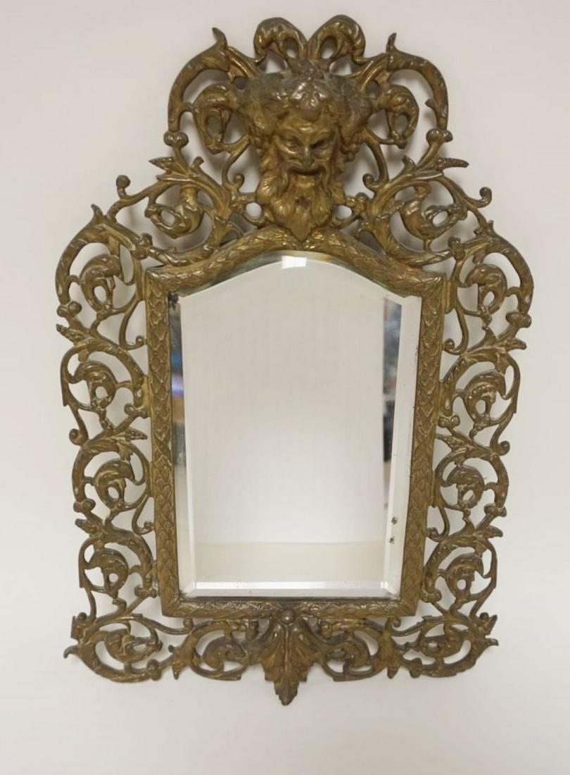 ANTIQUE ORNATE BRASS FRAME HANGING MIRROR: ANTIQUE ORNATE BRASS FRAME HANGING MIRROR, APPROXIMATELY 10 IN X 15 IN