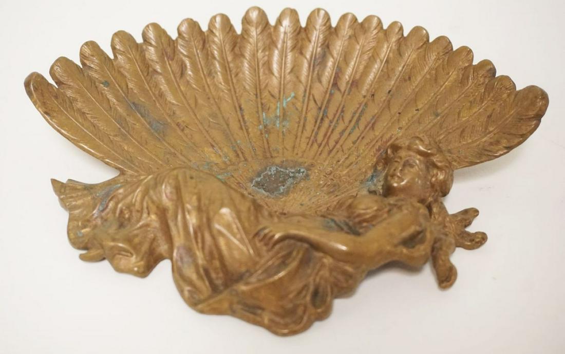 VICTORIAN BRASS TRAY FOR CALLING CARDS: VICTORIAN BRASS TRAY FOR CALLING CARDS, WOMAN ON LARGE OPEN FAN, APPROXIMATELY 5 IN X 6 1/2 IN