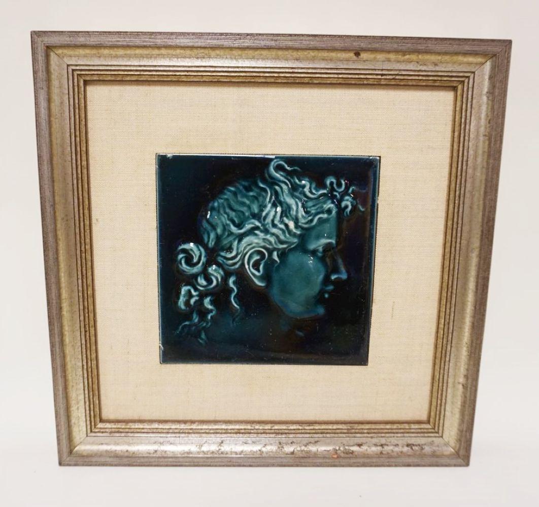 ANTIQUE PORTRAIT TILE FRAMED: ANTIQUE PORTRAIT TILE FRAMED, APPROXIMATELY 12 IN X 12 IN OVERALL