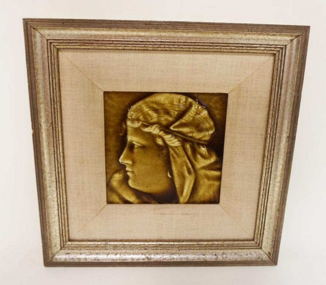 ANTIQUE PORTRAIT TILE FRAMED: ANTIQUE PORTRAIT TILE FRAMED, APPROXIMATELY 12 IN X 12 IN OVERALL