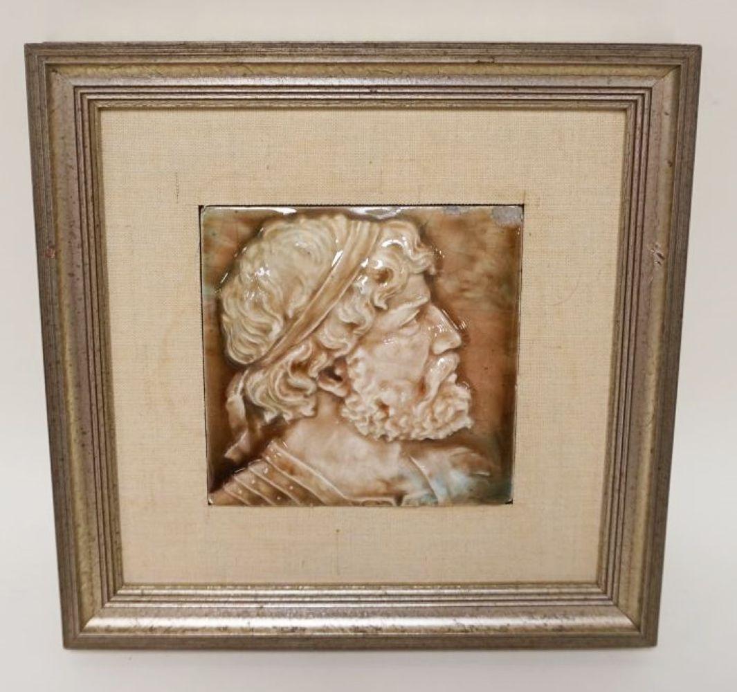 ANTIQUE PORTRAIT TILE FRAMED: ANTIQUE PORTRAIT TILE FRAMED, APPROXIMATELY 12 IN X 12 IN OVERALL, SOME LOSS ON TOP RIGHT