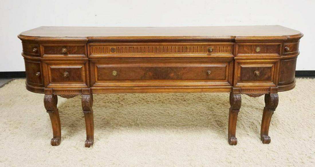 WALNUT SERVER: WALNUT SERVER W/8 DRAWERS & 2 DOORS, DRAWERS HAVING BURL FRONTS, IN NEED OF RESTORATION, APPROXIMATELY 84 IN X 24 IN X 33 IN HIGH