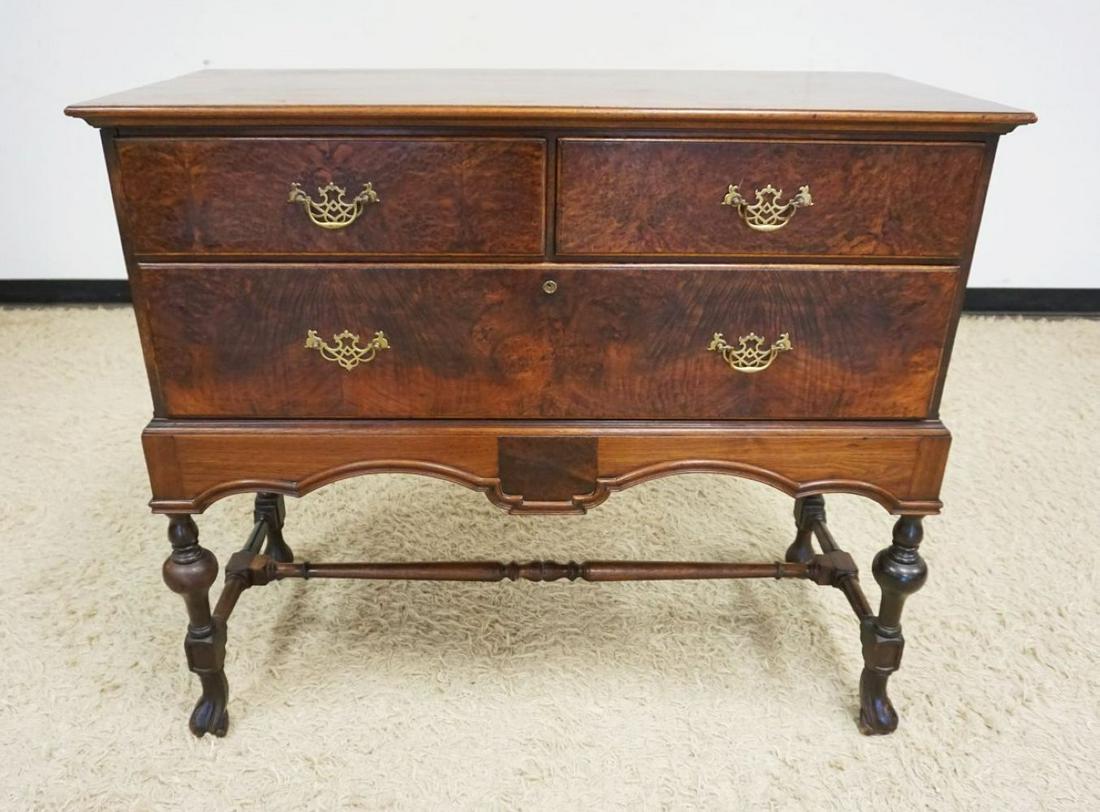 FLINT WALNUT 3 DRAWER DIMINUTIVE SERVER: FLINT WALNUT 3 DRAWER DIMINUTIVE SERVER W/BURL WOOD DRAWER FRONTS, APPROXIMATELY 42 IN X 18 IN X 37 IN HIGH