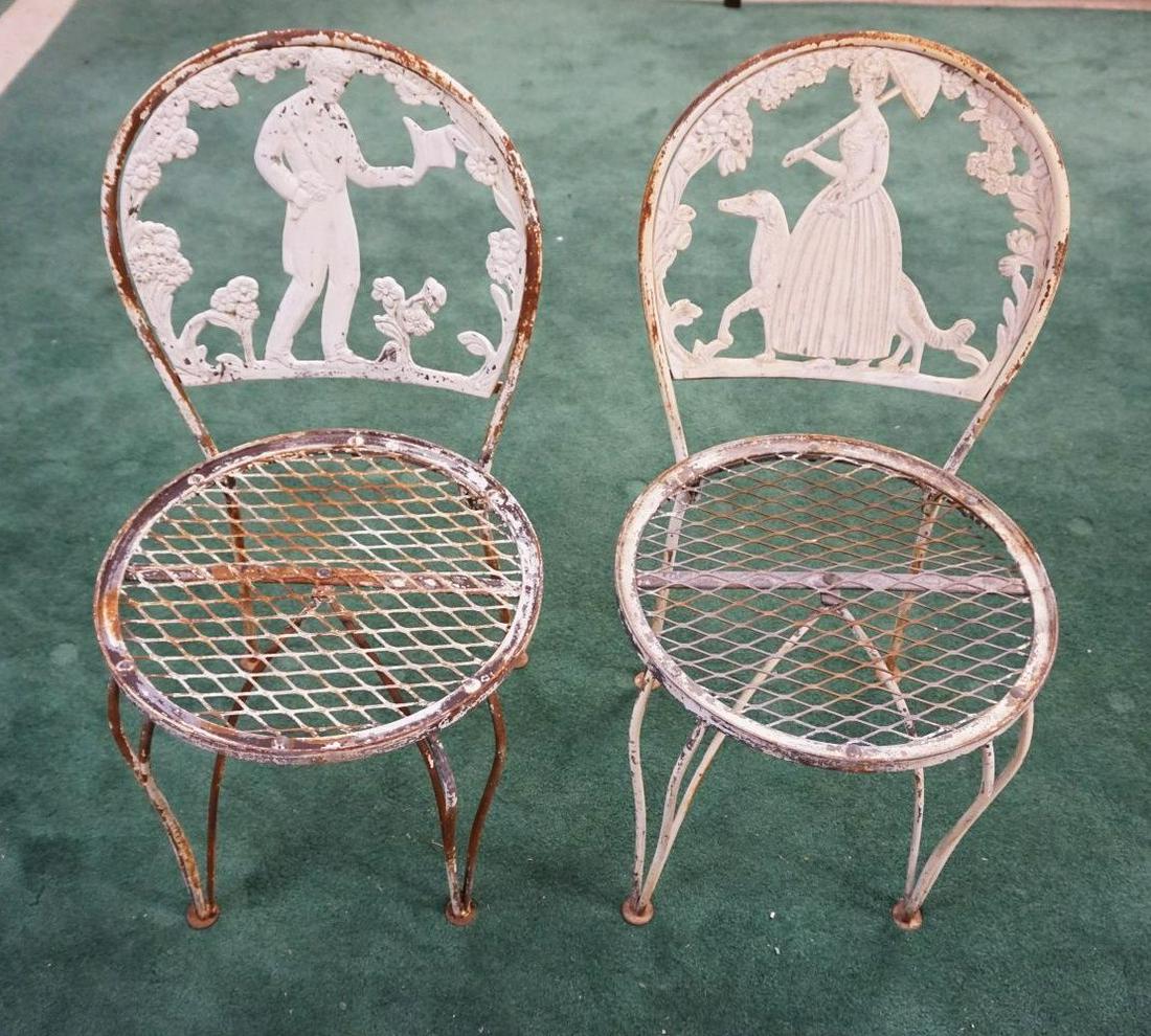PAIR OF METAL GARDEN CHAIRS: PAIR OF METAL GARDEN CHAIRS W/CAST METAL COURTING SCENES