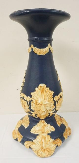 EMBOSSED ART POTTERY PEDESTAL: ART POTTERY PEDESTAL WITH EMBOSSED FLOWERS AND FACES, APPROXIMATELY 21 IN H