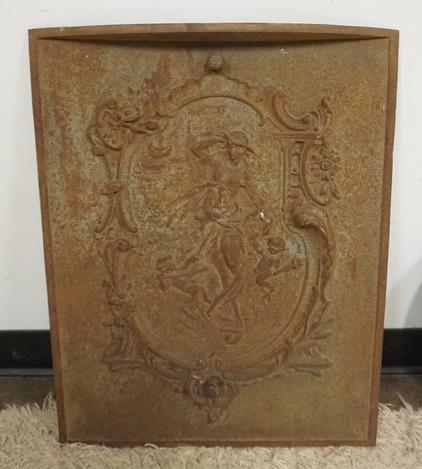 CAST IRON EMBOSSED COVER: CAST IRON COVER WITH EMBOSSED DESIGN OF WOMAN AND CHERUBS, APPROXIMATELY 20 IN X 26 IN