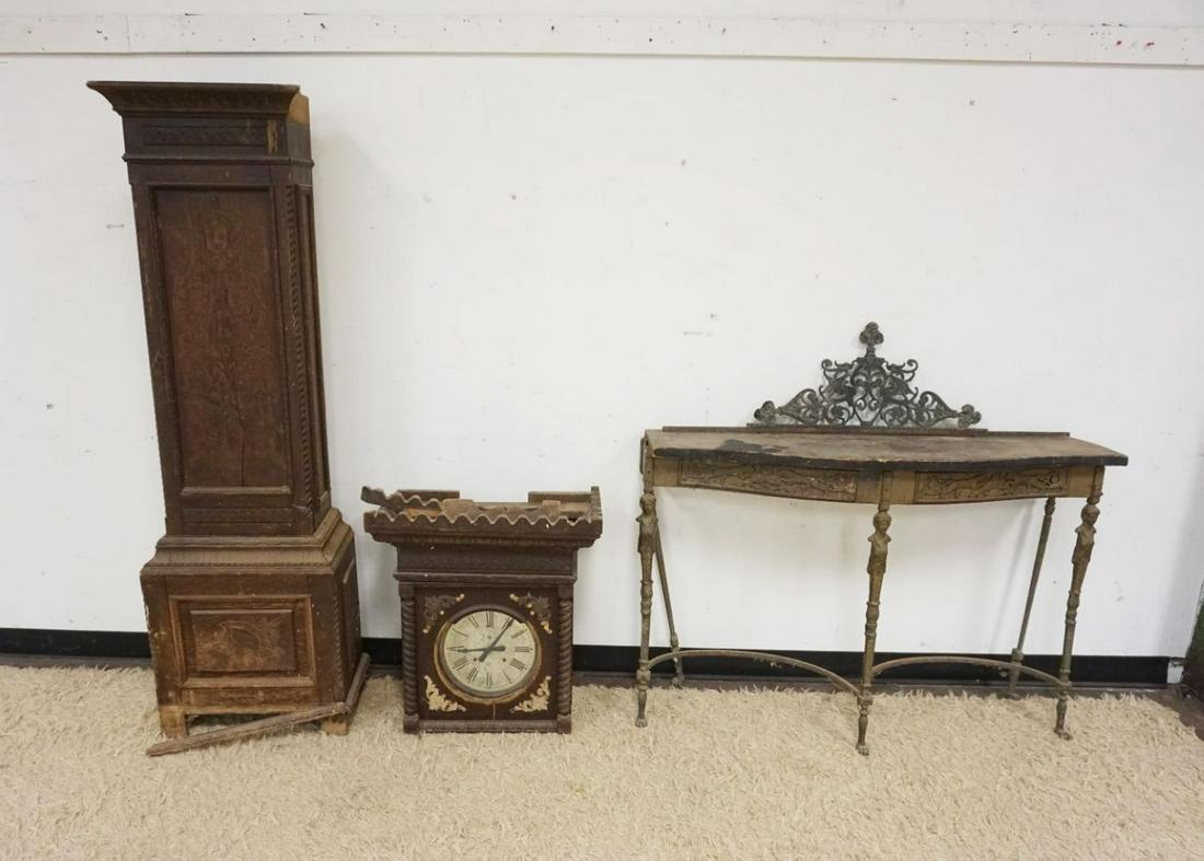 ANTIQUE GRANDFATHERS CLOCK & IRON BASE TABLE: ANTIQUE GRANDFATHERS CLOCK & IRON BASE CONSOLE TABLE, BOTH IN NEED OF RESTORATION