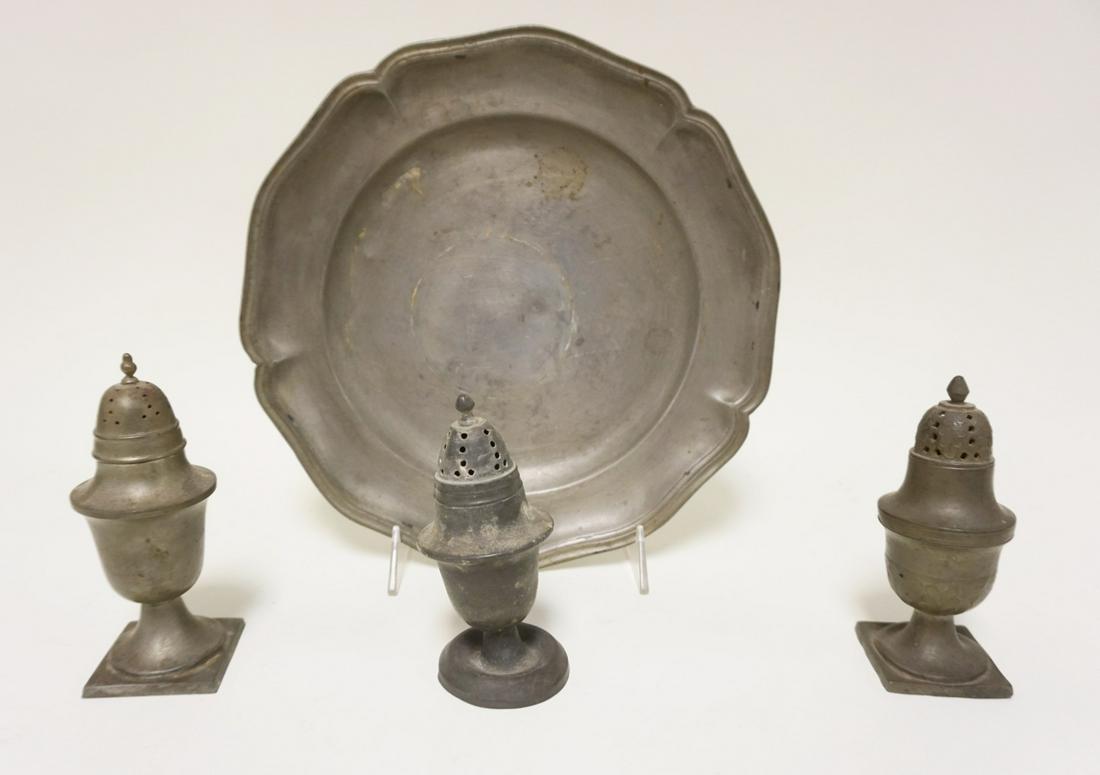 ANTIQUE PEWTER PLATE & 3 SHAKERS (1 of 5)