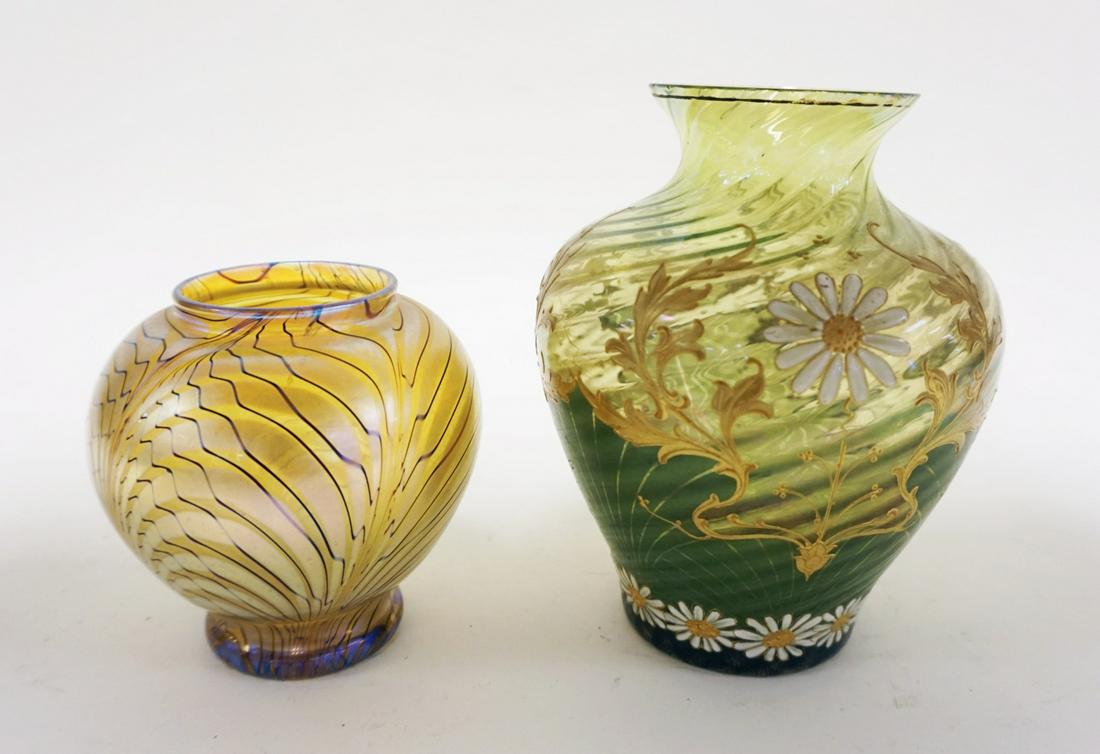 2 ART GLASS IRIDIZED VASES: 2 ART GLASS IRIDIZED VASES INCLUDING ONE ARTIST SIGNED ORIENT & FLUME, TALLEST APPROXIMATELY 7 IN HIGH