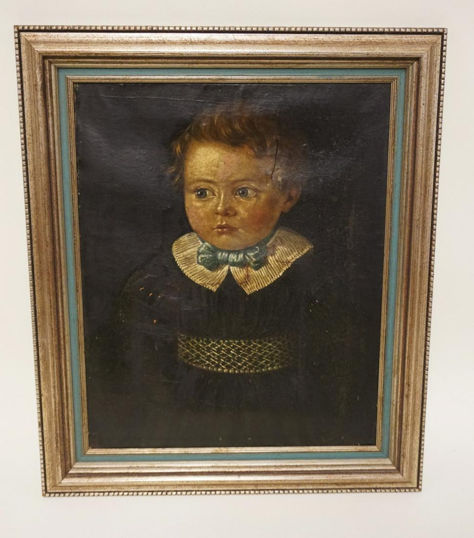 ANTIQUE OIL PAINTING ON CANVAS: ANTIQUE OIL PAINTING ON CANVAS, PORTRAIT OF YOUNG CHILD, RIP IN CANVAS, APPROXIMATELY 18 IN X 21 IN OVERALL