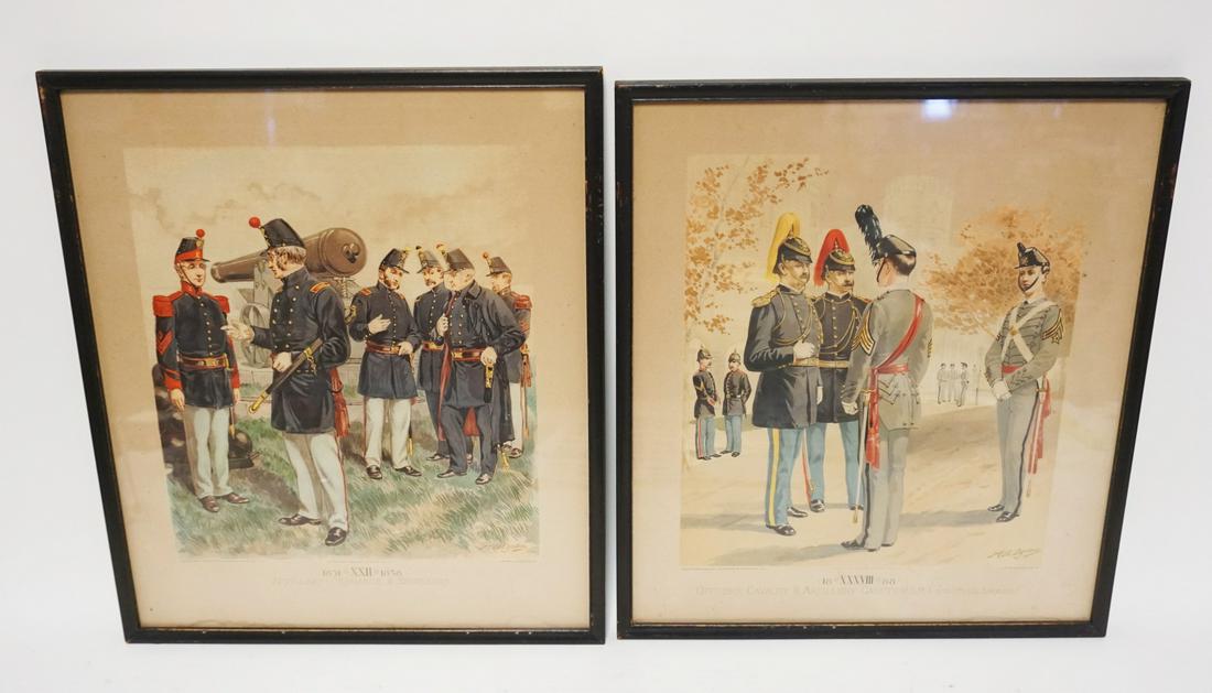 ANTIQUE ARTILLERY LITHOS 1885: ANTIQUE ARTILLERY LITHOS 1885, ARTILLERY, ORDANCE, ENGINEERS, OFFICERS & CAVALRY, U.S.M.A., EACH APPROXIMATELY 15 IN X 18 IN OVERALL, SOME STAINING ON LOWER EDGES