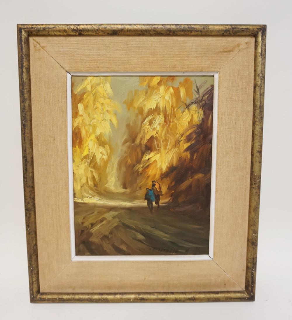 OIL PAINTING ON BOARD ABSTRACT: OIL PAINTING ON BOARD ABSTRACT OF PEOPLE, ARTIST SIGNED LOWER RIGHT, ANNOTATED ON BACK PURCHASED IN CHILE 1973 AFTER PINOCHET REVOLUTION, APPROXIMATELY 19 1/4 IN X 23 IN OVERALL