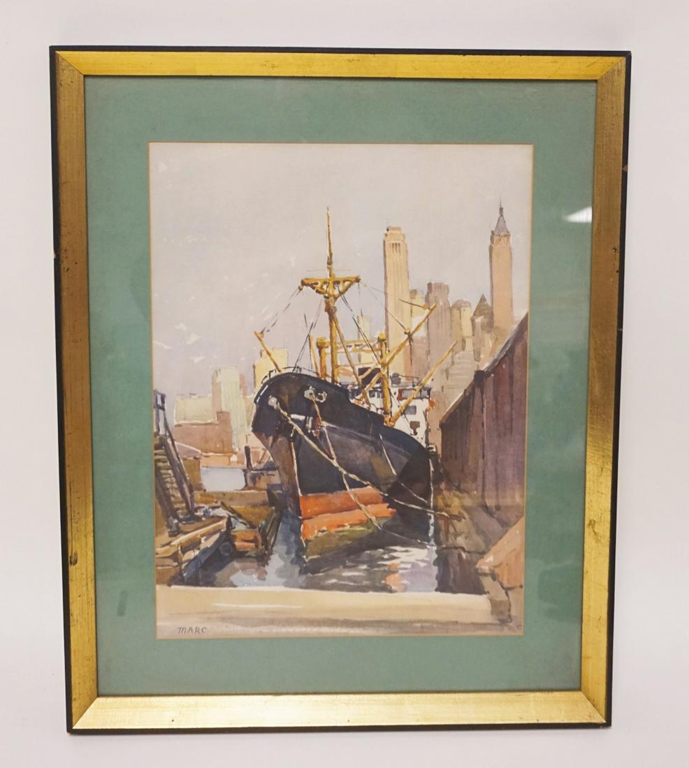 WATERCOLOR PAINTING OF SHIP DOCKED: WATERCOLOR PAINTING OF SHIP DOCKED ARTIST SIGNED MARC, APPROXIMATELY 17 IN X 21 IN