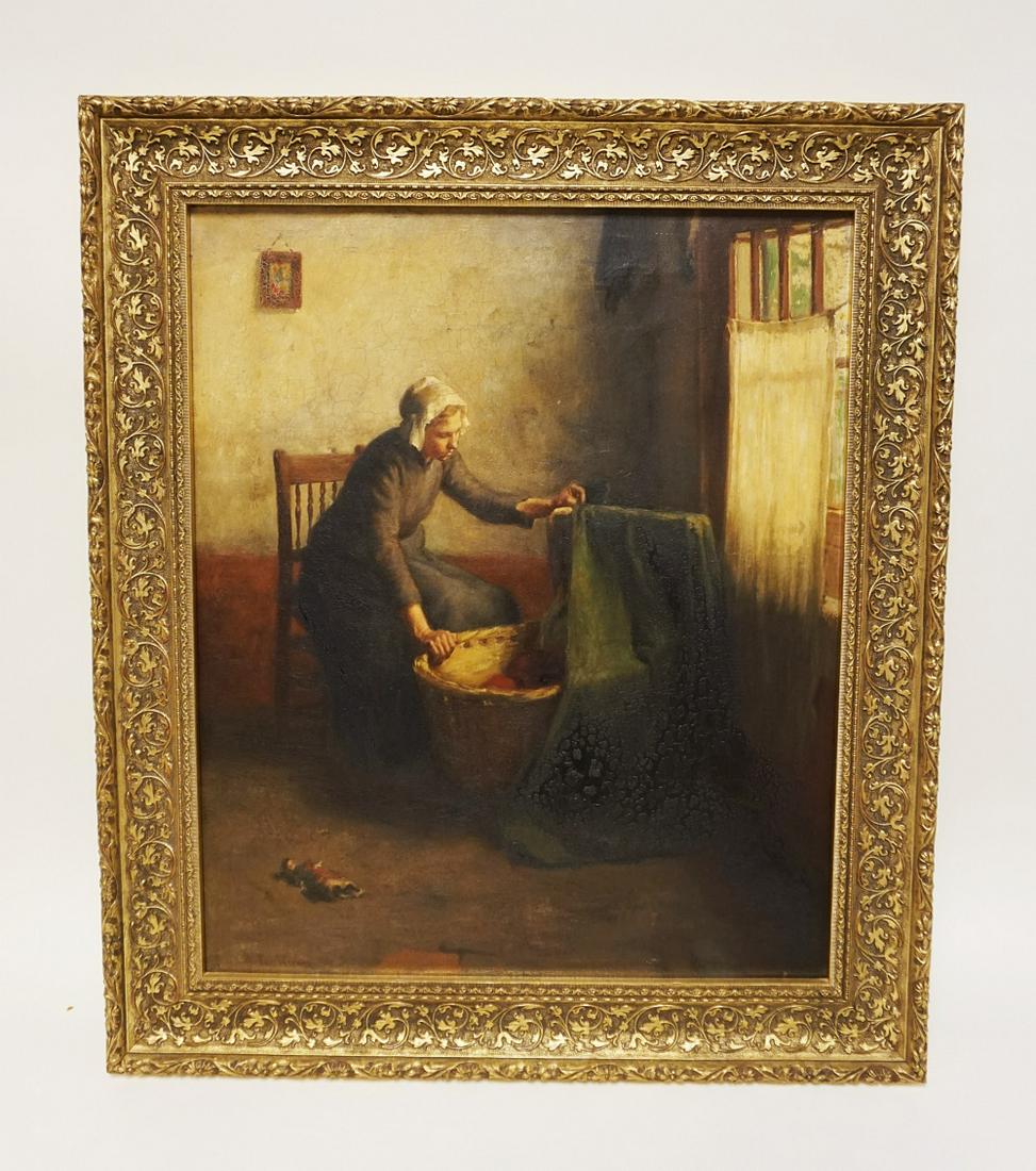 OIL PAINTING ON CANVAS: OIL PAINTING ON CANVAS OF WOMAN & CHILD IN CRADLE ARTIST SIGNED LOWER LEFT, APPROXIMATELY 25 1/2 IN X 29 1/2 IN