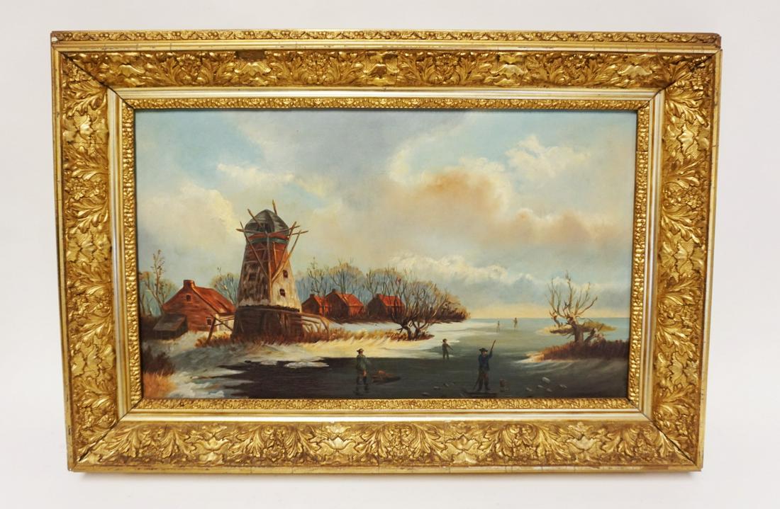 ANTIQUE OIL PAINTING ON CANVAS: ANTIQUE OIL PAINTING ON CANVAS WINTER SCENE W/BUILDINGS NEAR WATERWAY & PEOPLE W/SLEDS ON FROZEN WATERWAY, APPROXIMATELY 21 IN X 28 1/2 IN OVERALL