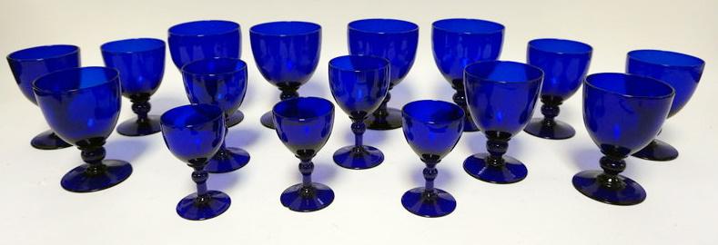 COBALT GOBLETS: LOT OF 16 COBALT GOBLETS IN ASSORTED SIZES