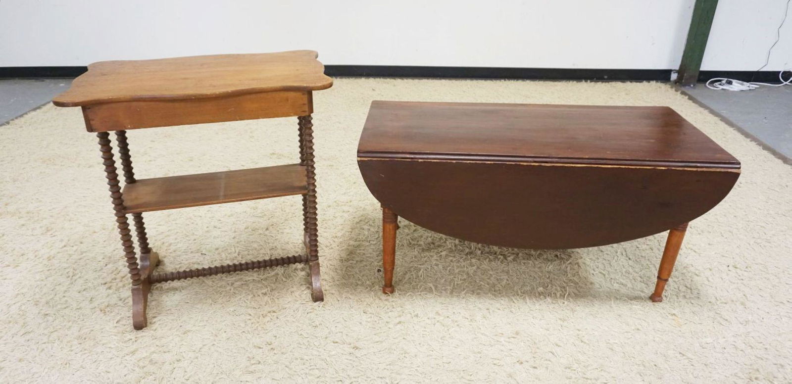 2 TABLES: LOT, SPOOL TURNED 1 DRAWER TABLE AND DROP LEAF TABLE