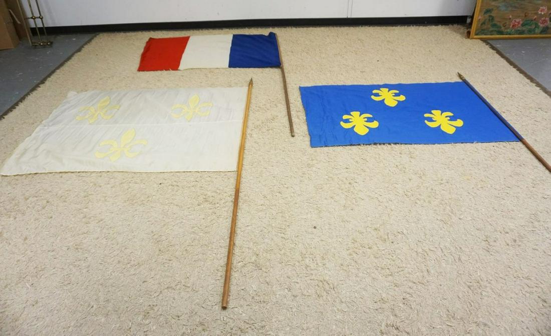 LOT OF 3 FRENCH CANADIAN FLAGS: LOT OF 3 FRENCH CANADIAN FLAGS, LARGEST APPROXIMATELY 62 IN X 44 IN