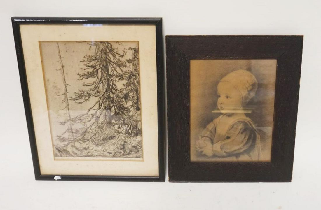 LOT ANTIQUE PRINT & ENGRAVING: LOT ANTIQUE PRINT OF CHILD & ENGRAVING OF FORREST, LARGEST APPROXIMATELY 12 IN X 15 IN
