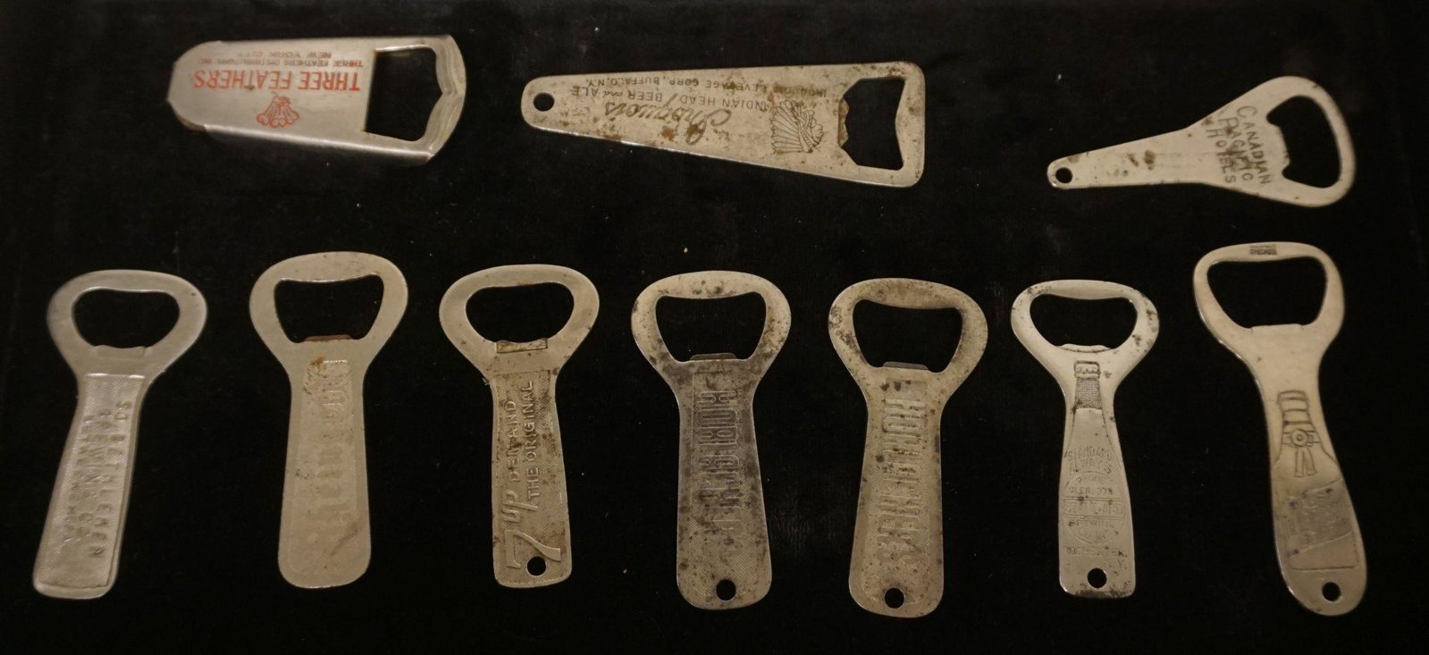 ANTIQUE BEER BOTTLE ADVERTISING BOTTLE OPENERS: ANTIQUE BEER BOTTLE & SODA ADVERTISING BOTTLE OPENERS INCLUDING HORLACHER'S, IROQUIS BEER, 7-UP