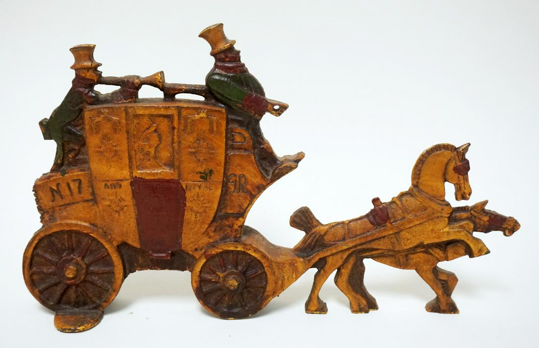 ANTIQUE CAST IRON HORSE DRAWN COACH DOOR STOP: ANTIQUE CAST IRON HORSE DRAWN COACH DOOR STOP, *LONDON ROYAL* APPROXIMATELY 7 1/4 IN X 12 IN