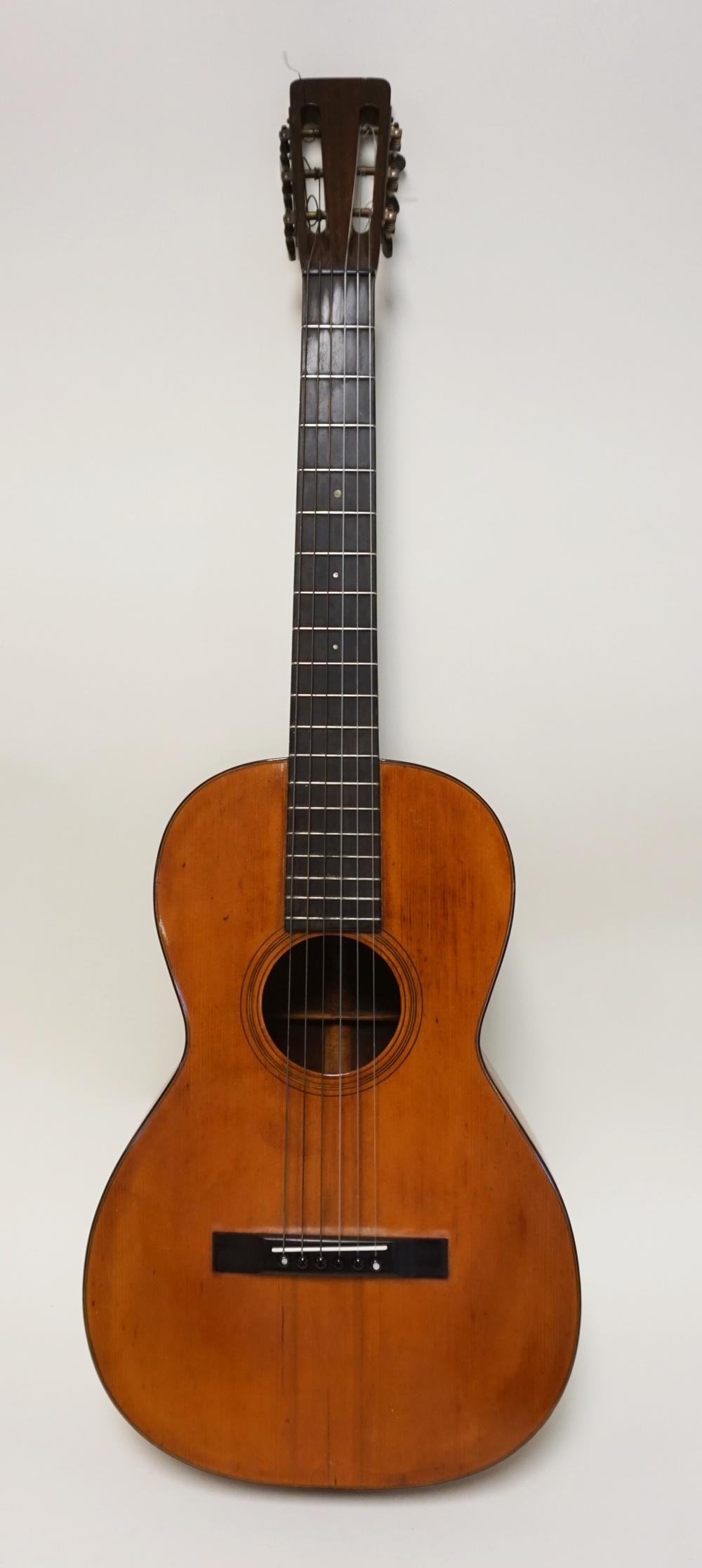 ANTIQUE 1918 C.F. MARTIN & CO 6 STRING ACOUSTIC GUITAR: ANTIQUE 1918 C.F. MARTIN & CO 6 STRING ACOUSTIC PARLOR GUITAR, NAZARETH PA, APPROXIMATELY 37 IN LONG, NECK 23 1/2 IN, SERIAL NUMBER 13232 STAMPED INSIDE BACK OF NECK, OVERALL GOOD CONDITION GIVEN AGE,