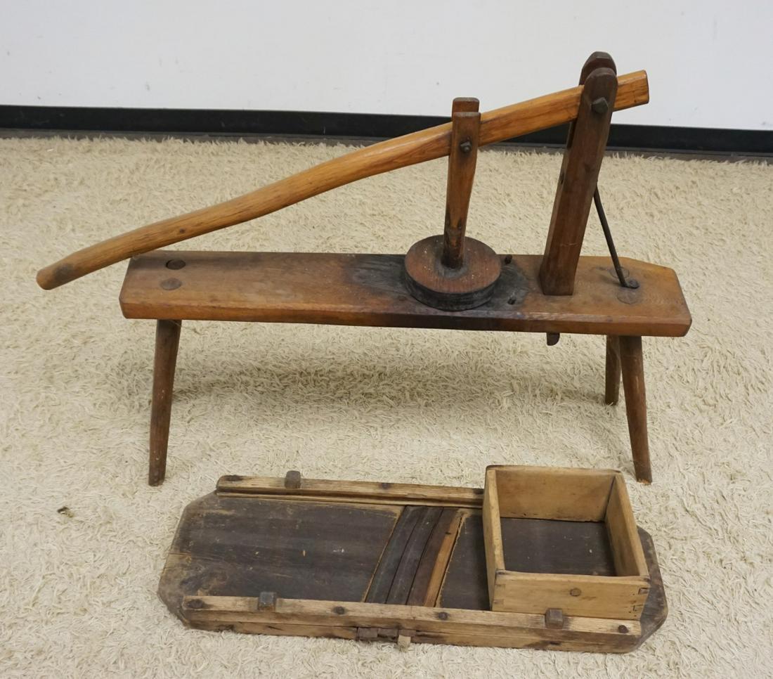 SPLAY LEG BENCH WITH PRESS AND SLAW CUTTER: PRIMITIVE LOT, SPLAY LEG BENCH W/PRESS & SLAW CUTTER