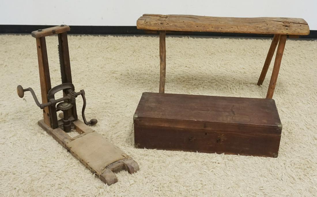 BEAM POST DRILL, TOOL BOX & SPLAY LEG BENCH: PRIMITIVE LOT, BEAM POST DRILL, TOOL BOX & SPLAY LEG BENCH, BENCH APPROXIMATELY 41 IN X 10 IN X 22 IN HIGH
